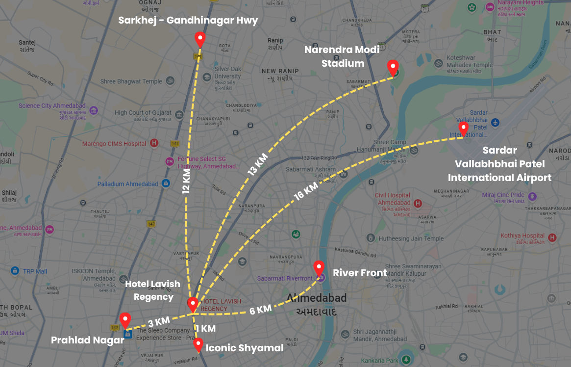 Hotel Lavish Regency location map showing distances to Narendra Modi Stadium, Sabarmati Railway Station, Gandhi Ashram, and Sardar Vallabhbhai Patel International Airport